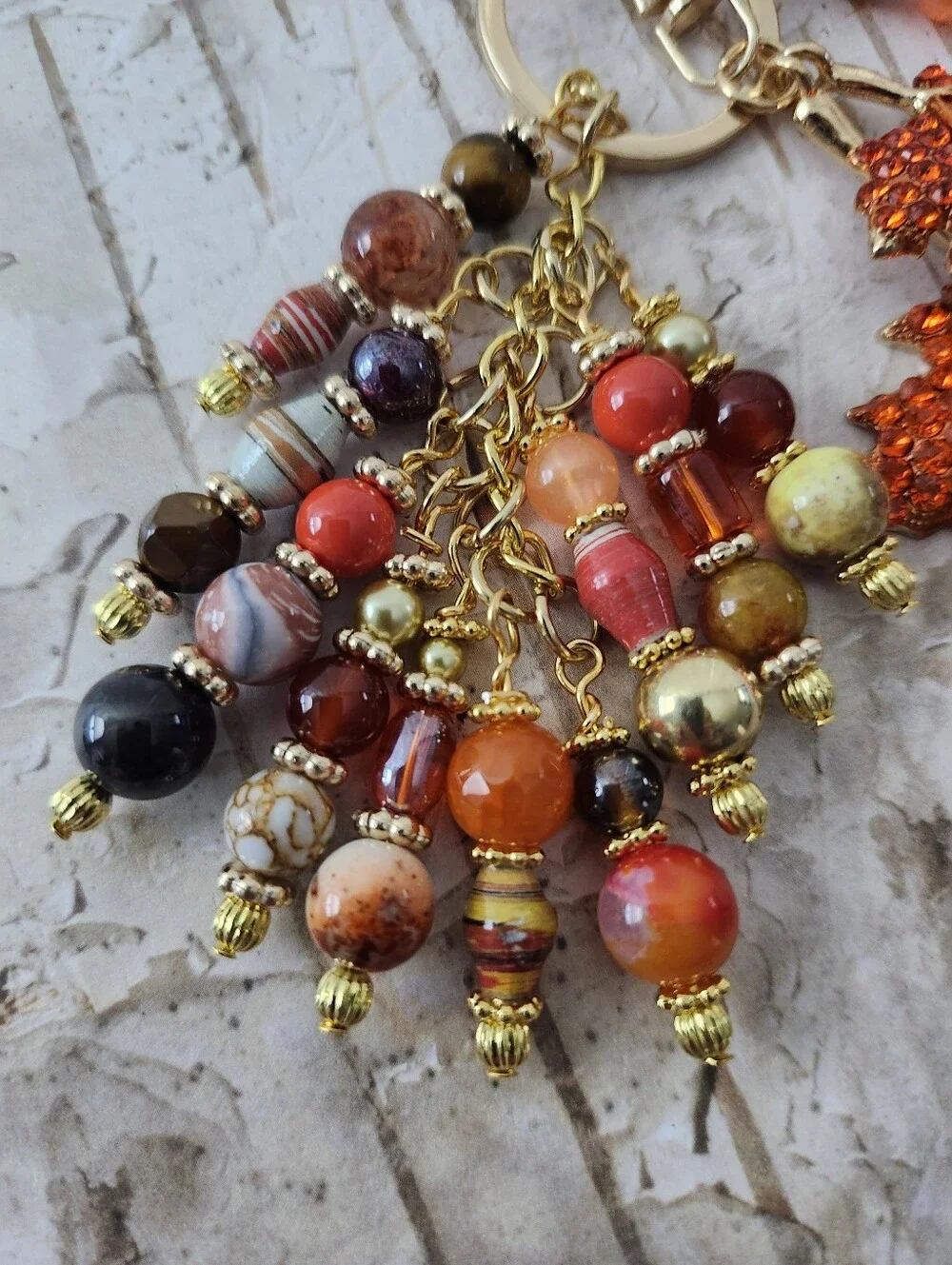 Autumn Leaf Purse Charm or Keychain Fire Agate Jasper Carnelian Handcrafted